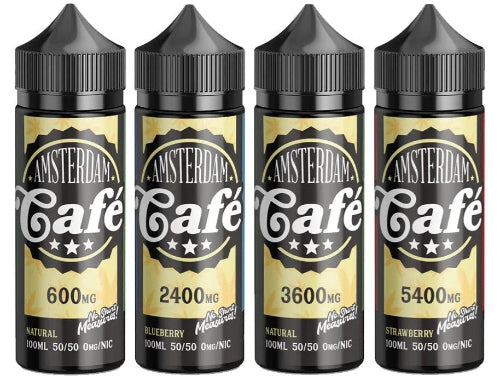 Four bottles of Amsterdam Cafe with different nicotine strengths on a white background